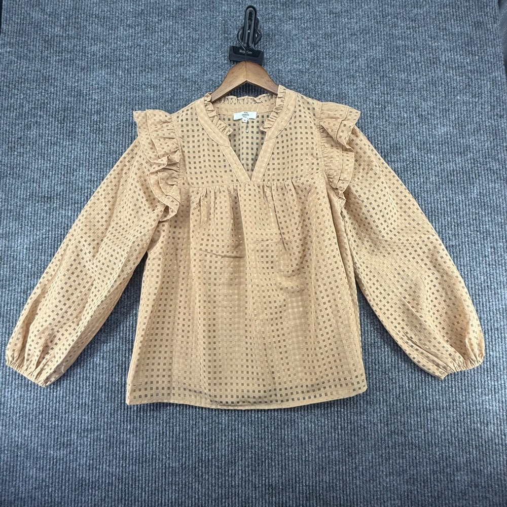 Entro Blouse Womens Size M Tan Excellent Ruffle Shoulder Grid V-Neck Top T19088